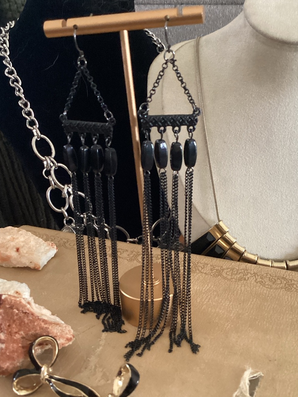 Black Gunmetal Chain Fringe Drop Earrings